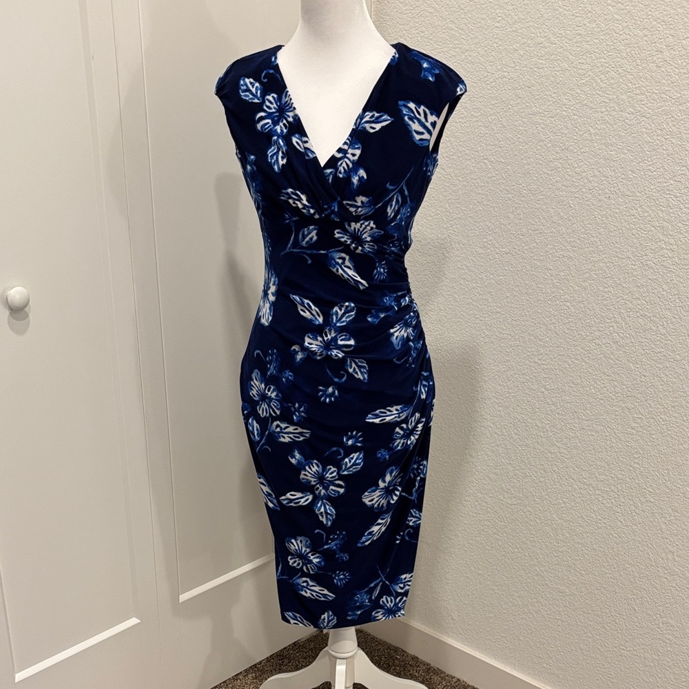 Ralph Lauren Blue Sheath Midi Dress V-Neck Night Out